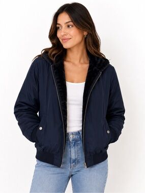 Faux Fur Lined Hooded Bomber Jacket | Navy Women’s L